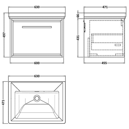 Hudson Reed Lille Wall Hung Single Drawer 600mm Vanity with Fireclay Basin (1 size, 3 colours) - Brand New Bathrooms