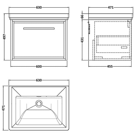 Hudson Reed Lille Wall Hung Single Drawer 600mm Vanity with Fireclay Basin (1 size, 3 colours) - Brand New Bathrooms