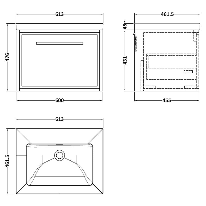Hudson Reed Lille Wall Hung Single Drawer 600mm Vanity with Fireclay Basin (1 size, 3 colours) - Brand New Bathrooms