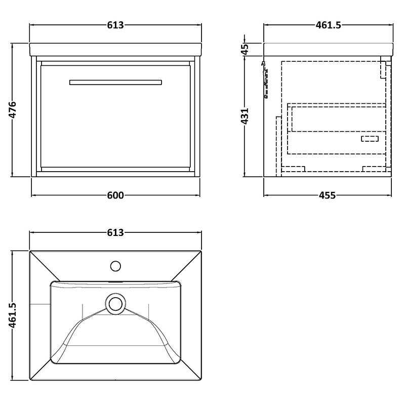 Hudson Reed Lille Wall Hung Single Drawer 600mm Vanity with 1 tap hole Fireclay Basin (1 size, 3 colours) - Brand New Bathrooms