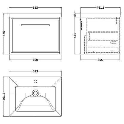 Hudson Reed Lille Wall Hung Single Drawer 600mm Vanity with 1 tap hole Fireclay Basin (1 size, 3 colours) - Brand New Bathrooms