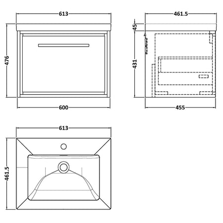 Hudson Reed Lille Wall Hung Single Drawer 600mm Vanity with 1 tap hole Fireclay Basin (1 size, 3 colours) - Brand New Bathrooms