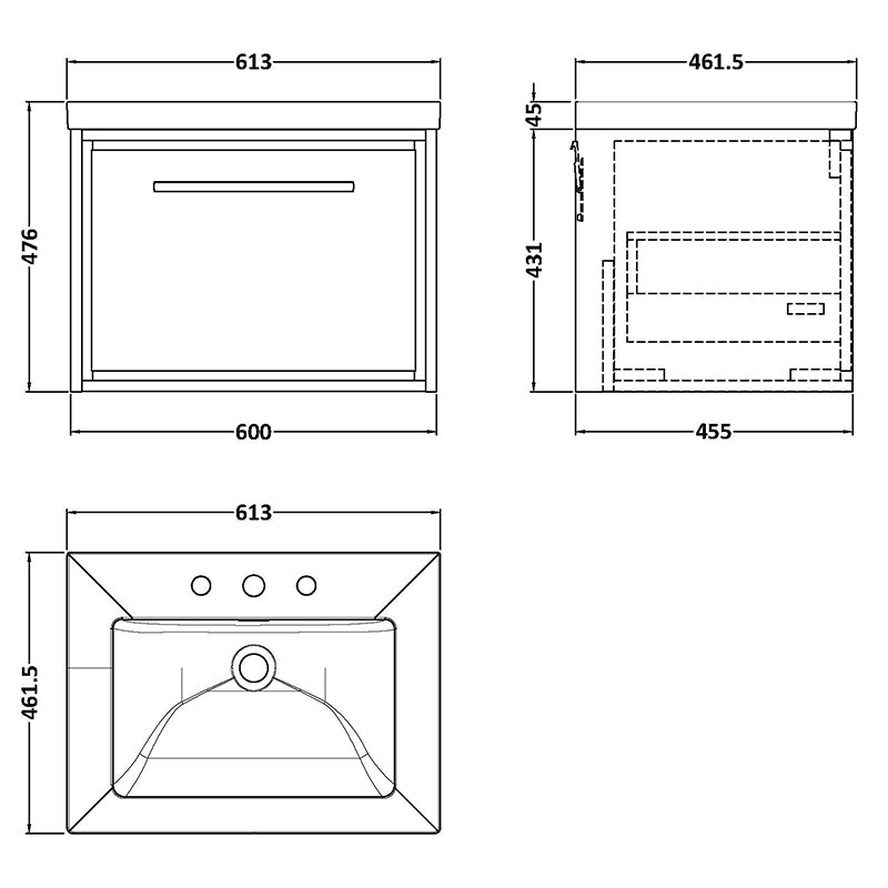 Hudson Reed Lille Wall Hung Single Drawer 600mm Vanity with 3 tap hole Fireclay Basin (1 size, 3 colours) - Brand New Bathrooms