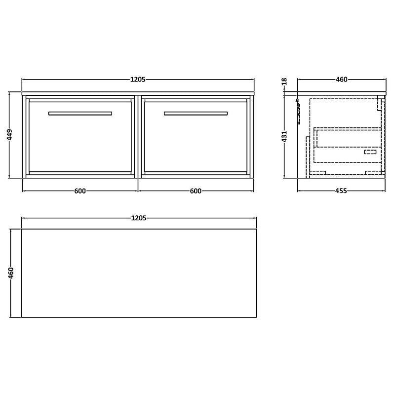 Hudson Reed Lille Wall Hung Single Drawer 1200mm Vanity with Matching Worktop (1 size, 3 colours) - Brand New Bathrooms
