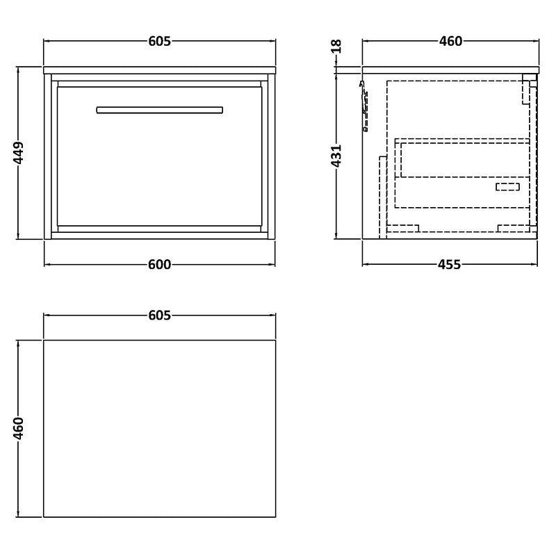 Hudson Reed Lille Wall Hung Single Drawer 600mm Vanity with Matching Worktop (1 size, 3 colours) - Brand New Bathrooms