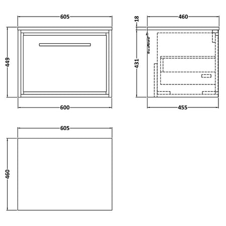 Hudson Reed Lille Wall Hung Single Drawer 600mm Vanity with Matching Worktop (1 size, 3 colours) - Brand New Bathrooms