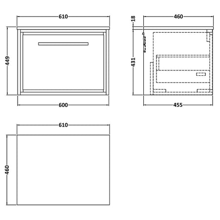 Hudson Reed Lille Wall Hung Single Drawer 600mm Vanity with Marble Worktop (1 size, 3 colours) - Brand New Bathrooms