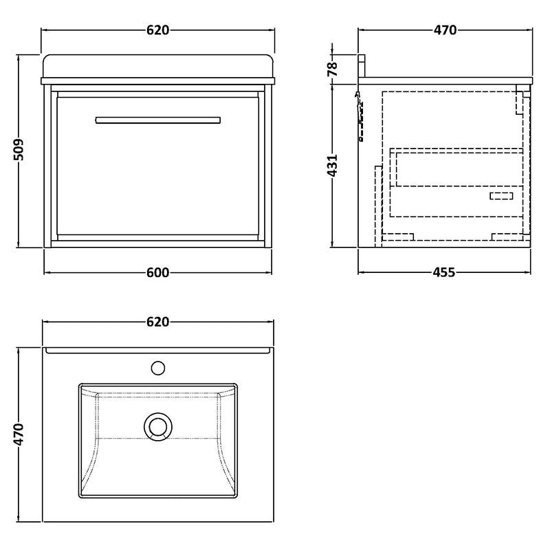 Hudson Reed Lille Wall Hung Single Drawer 600mm Vanity with 1 tap hole Marble Worktop & Underslung Basin (1 size, 3 colours) - Brand New Bathrooms