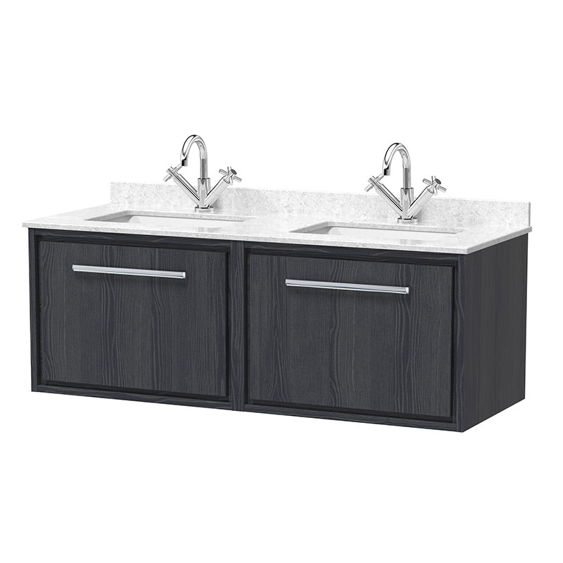 Hudson Reed Lille Wall Hung Single Drawer 1200mm Vanity with Marble Worktop & Double 1 tap hole Underslung Basins (1 size, 3 colours) - Brand New Bathrooms