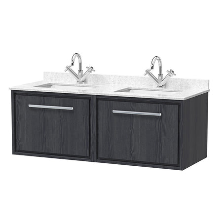Hudson Reed Lille Wall Hung Single Drawer 1200mm Vanity with Marble Worktop & Double 1 tap hole Underslung Basins (1 size, 3 colours) - Brand New Bathrooms