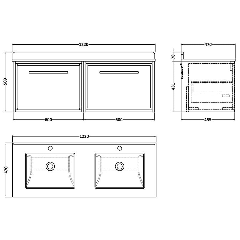 Hudson Reed Lille Wall Hung Single Drawer 1200mm Vanity with Marble Worktop & Double 1 tap hole Underslung Basins (1 size, 3 colours) - Brand New Bathrooms