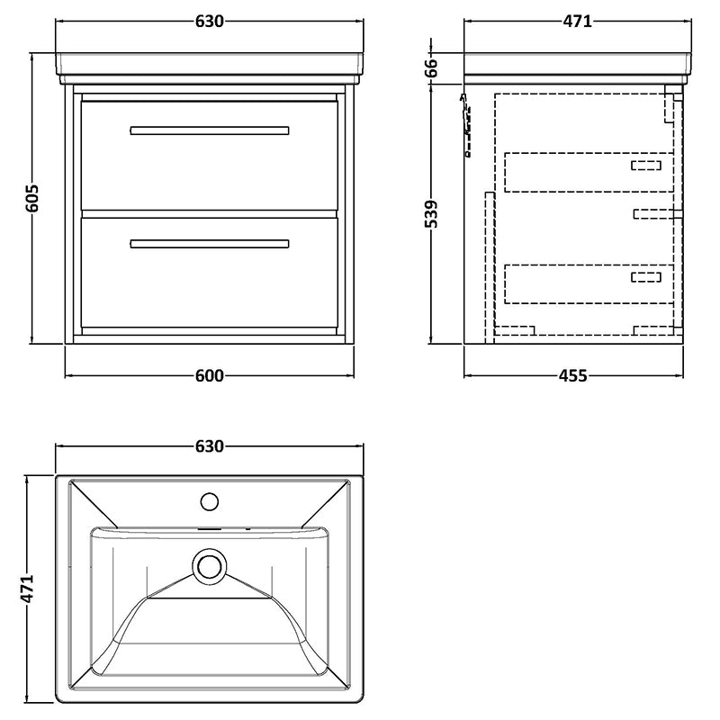 Hudson Reed Lille Wall Hung Double Drawer 600mm Vanity with 1 tap hole Fireclay Basin (1 size, 3 colours) - Brand New Bathrooms