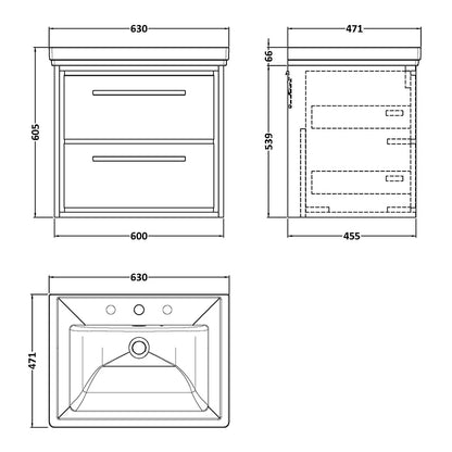 Hudson Reed Lille Wall Hung Double Drawer 600mm Vanity with 3 tap hole Fireclay Basin (1 size, 3 colours) - Brand New Bathrooms