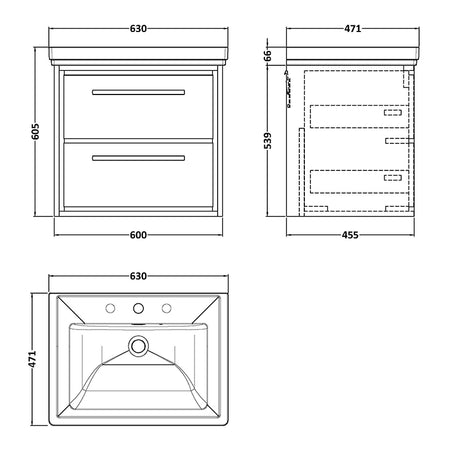 Hudson Reed Lille Wall Hung Double Drawer 600mm Vanity with 3 tap hole Fireclay Basin (1 size, 3 colours) - Brand New Bathrooms