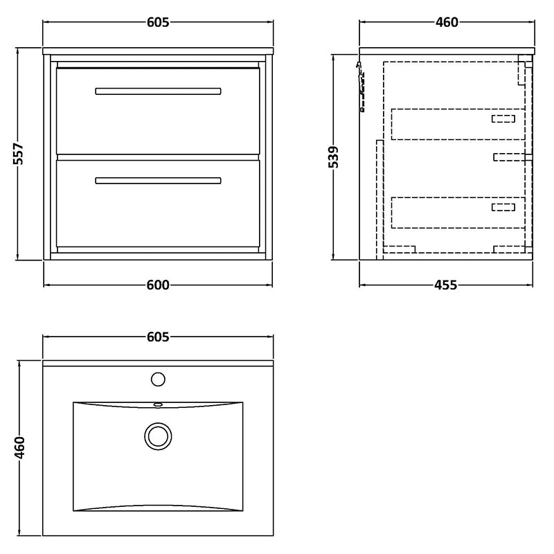 Hudson Reed Lille Wall Hung Double Drawer 600mm Vanity with 1 tap hole Vitreous China Basin (1 size, 3 colours) - Brand New Bathrooms