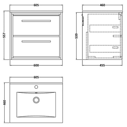 Hudson Reed Lille Wall Hung Double Drawer 600mm Vanity with 1 tap hole Vitreous China Basin (1 size, 3 colours) - Brand New Bathrooms