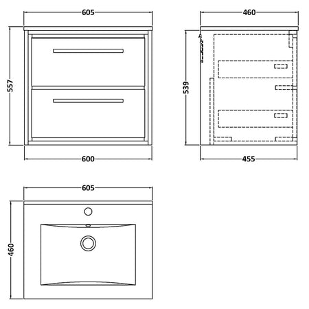 Hudson Reed Lille Wall Hung Double Drawer 600mm Vanity with 1 tap hole Vitreous China Basin (1 size, 3 colours) - Brand New Bathrooms