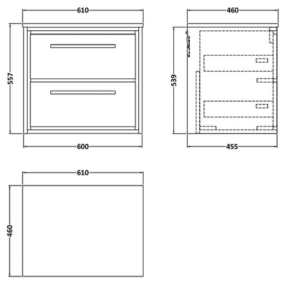Hudson Reed Lille Wall Hung Double Drawer 600mm Vanity with Marble Worktop (1 size, 3 colours) - Brand New Bathrooms