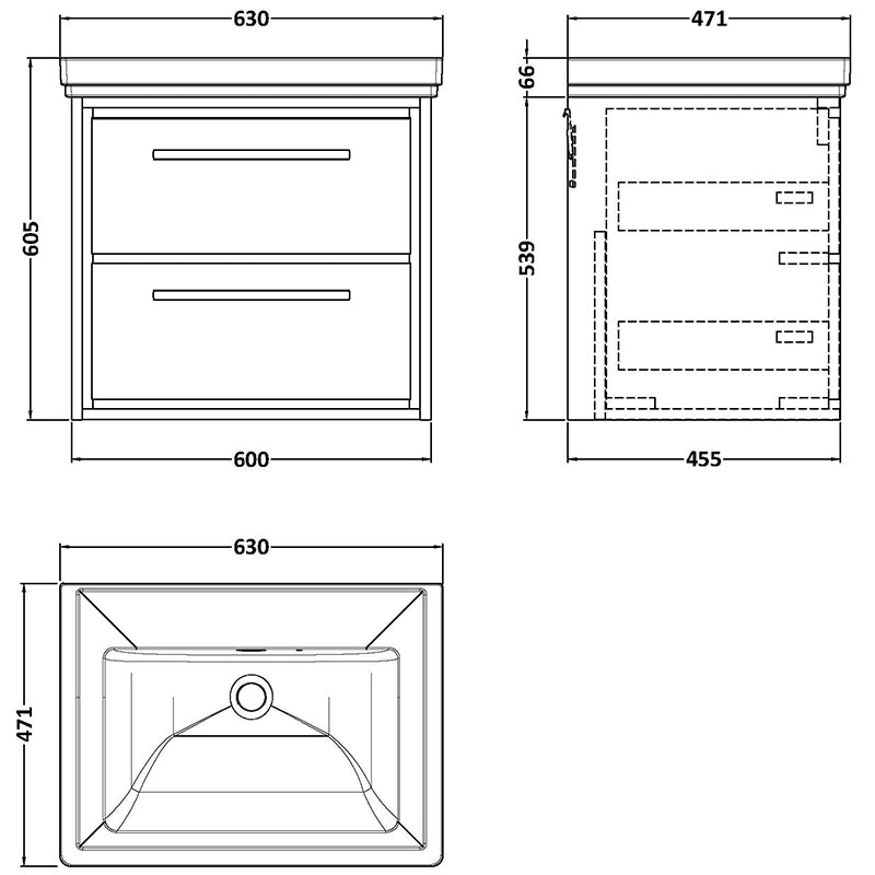 Hudson Reed Lille Wall Hung Double Drawer Vanity with Fireclay Basin (1 size, 3 colours) - Brand New Bathrooms