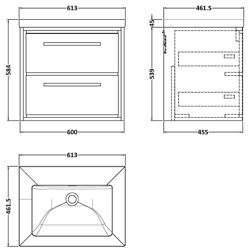 Hudson Reed Lille Wall Hung Double Drawer 600mm Vanity with Fireclay Basin (1 size, 3 colours) - Brand New Bathrooms