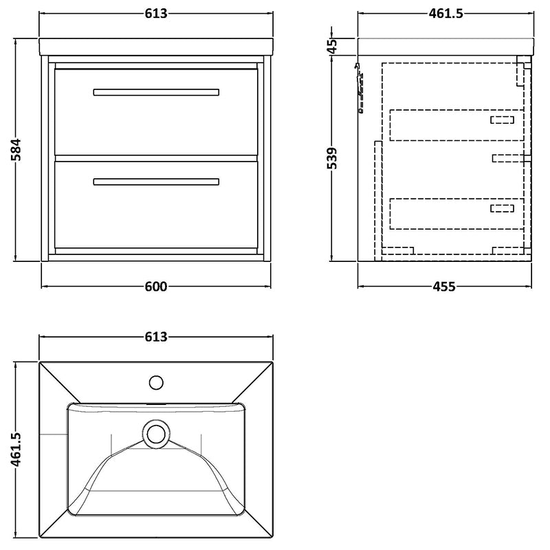 Hudson Reed Lille Wall Hung Double Drawer 600mm Vanity with 1 tap hole Fireclay Basin (1 size, 3 colours) - Brand New Bathrooms