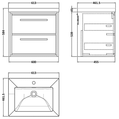 Hudson Reed Lille Wall Hung Double Drawer 600mm Vanity with 1 tap hole Fireclay Basin (1 size, 3 colours) - Brand New Bathrooms