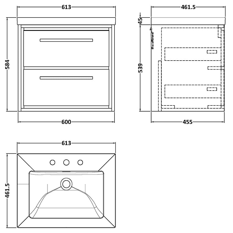 Hudson Reed Lille Wall Hung Double Drawer 600mm Vanity with 3 tap hole Fireclay Basin (1 size, 3 colours) - Brand New Bathrooms