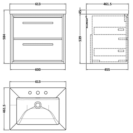 Hudson Reed Lille Wall Hung Double Drawer 600mm Vanity with 3 tap hole Fireclay Basin (1 size, 3 colours) - Brand New Bathrooms