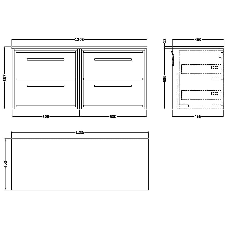 Hudson Reed Lille Wall Hung Four Drawer 1200mm Vanity with Matching Worktop (1 size, 3 colours) - Brand New Bathrooms