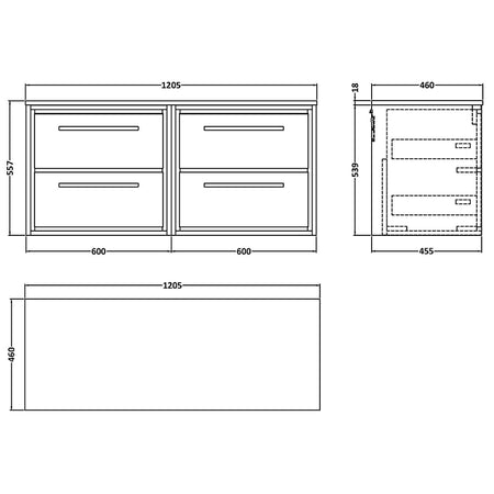 Hudson Reed Lille Wall Hung Four Drawer 1200mm Vanity with Matching Worktop (1 size, 3 colours) - Brand New Bathrooms