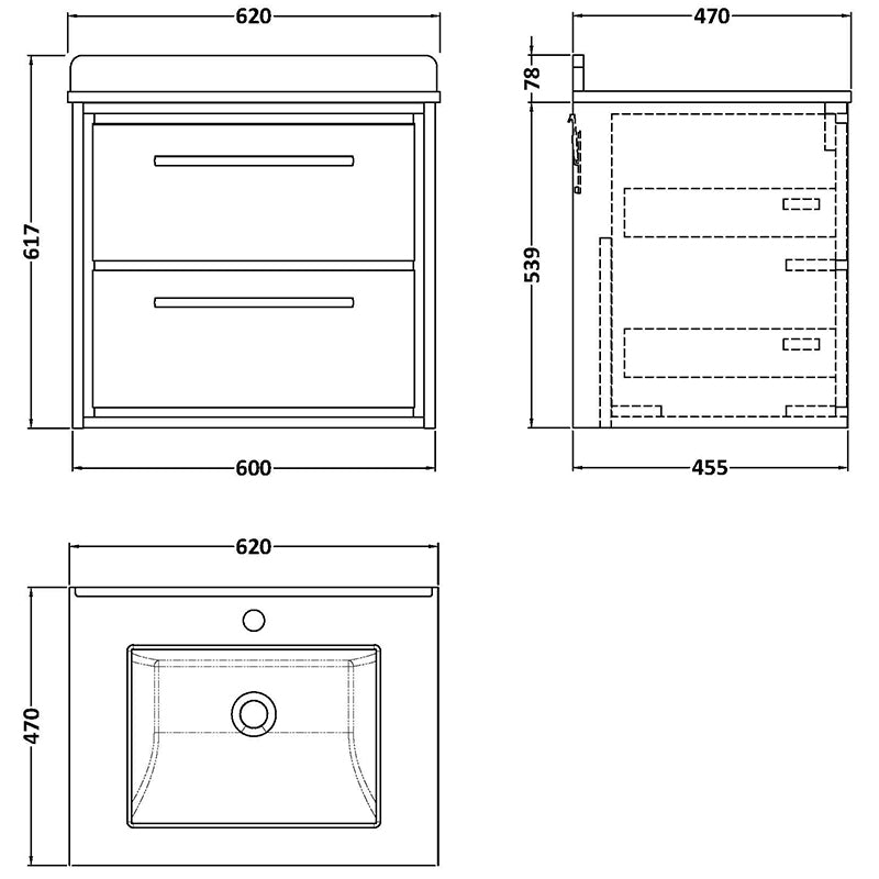 Hudson Reed Lille Wall Hung Double Drawer Vanity with Marble Worktop & 1 tap hole Underslung Basin (1 size, 3 colours) - Brand New Bathrooms
