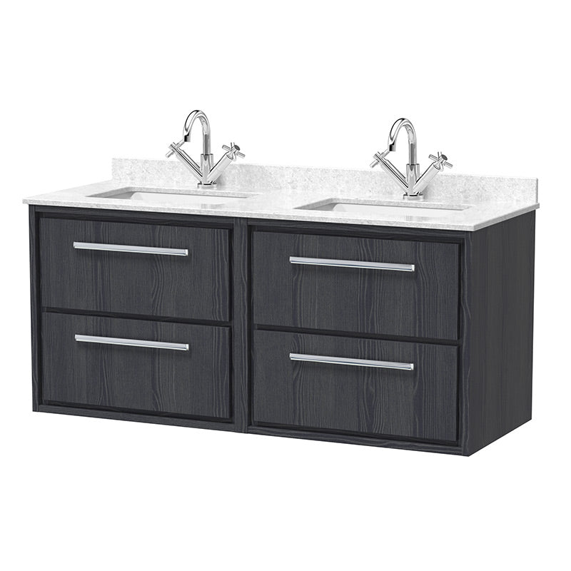 Hudson Reed Lille Wall Hung Four Drawer 1200mm Vanity with Marble Worktop & Double Underslung 1 tap hole Basins (1 size, 3 colours) - Brand New Bathrooms