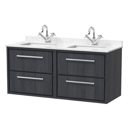 Hudson Reed Lille Wall Hung Four Drawer 1200mm Vanity with Marble Worktop & Double Underslung 1 tap hole Basins (1 size, 3 colours) - Brand New Bathrooms