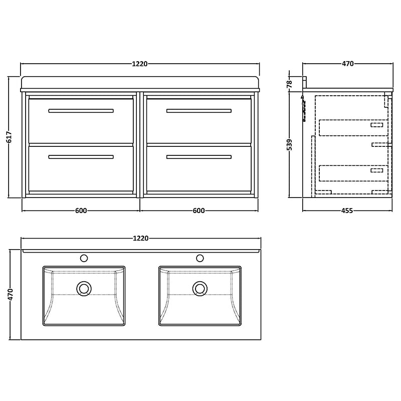 Hudson Reed Lille Wall Hung Four Drawer 1200mm Vanity with Marble Worktop & Double Underslung 1 tap hole Basins (1 size, 3 colours) - Brand New Bathrooms