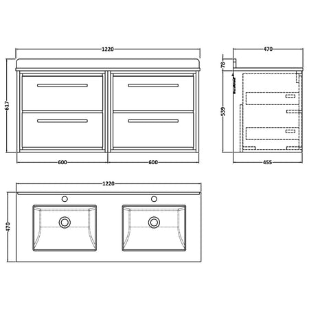 Hudson Reed Lille Wall Hung Four Drawer 1200mm Vanity with Marble Worktop & Double Underslung 1 tap hole Basins (1 size, 3 colours) - Brand New Bathrooms