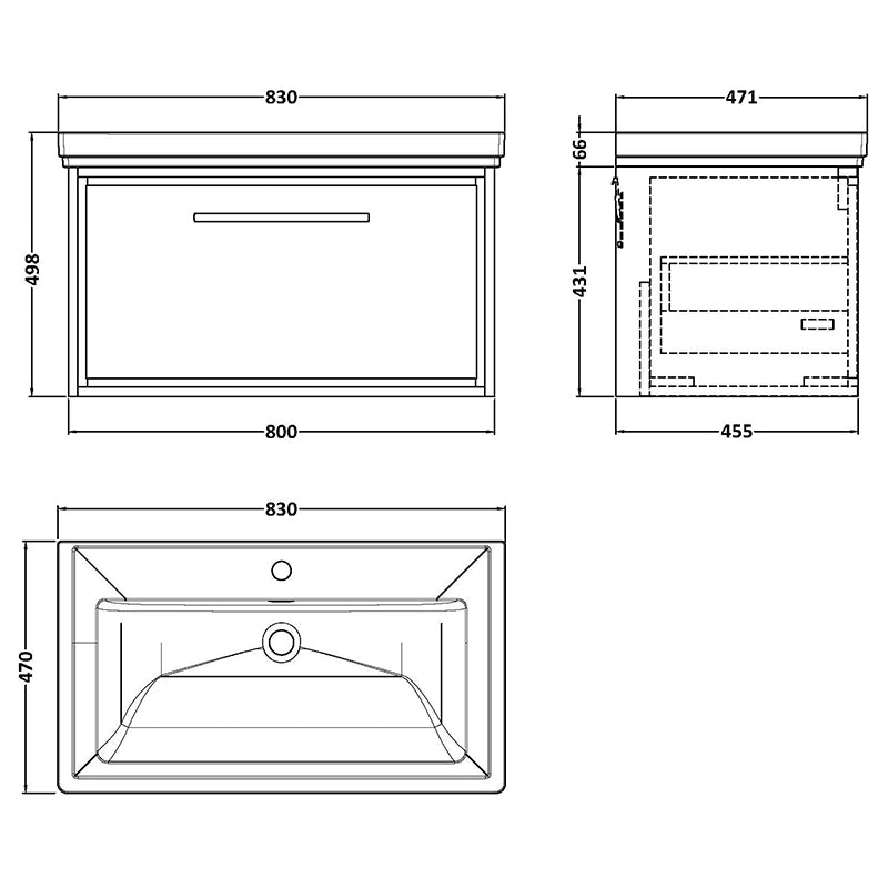 Hudson Reed Lille Wall Hung Single Drawer 800mm Vanity with 1 tap hole Fireclay Basin (1 size, 3 colours) - Brand New Bathrooms