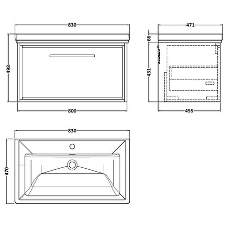 Hudson Reed Lille Wall Hung Single Drawer 800mm Vanity with 1 tap hole Fireclay Basin (1 size, 3 colours) - Brand New Bathrooms
