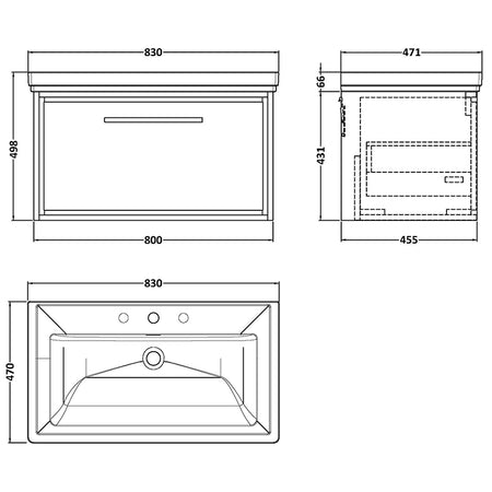Hudson Reed Lille Wall Hung Single Drawer 800mm Vanity with 3 tap hole Fireclay Basin (1 size, 3 colours) - Brand New Bathrooms