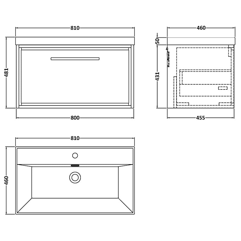 Hudson Reed Lille Wall Hung Single Drawer 800mm Vanity with 1 tap hole Vitreous China Basin (1 size, 3 colours) - Brand New Bathrooms