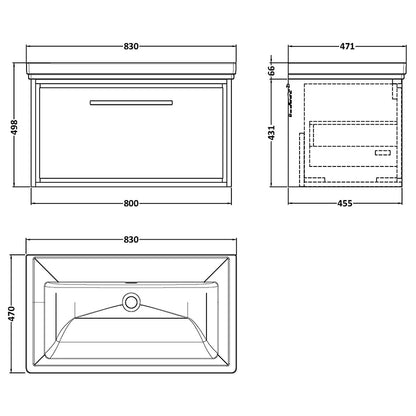 Hudson Reed Lille Wall Hung Single Drawer 800mm Vanity with Fireclay Basin (1 size, 3 colours) - Brand New Bathrooms