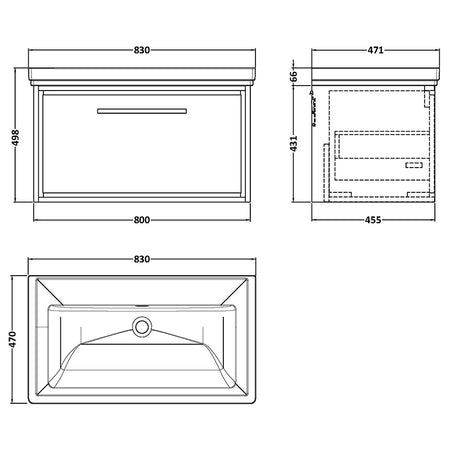 Hudson Reed Lille Wall Hung Single Drawer 800mm Vanity with Fireclay Basin (1 size, 3 colours) - Brand New Bathrooms