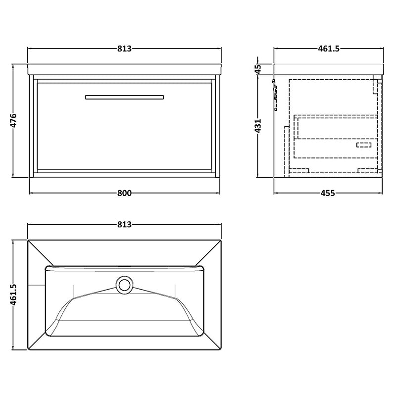 Hudson Reed Lille Wall Hung Single Drawer 800mm Vanity with Fireclay Basin (1 size, 3 colours) - Brand New Bathrooms