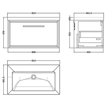 Hudson Reed Lille Wall Hung Single Drawer 800mm Vanity with Fireclay Basin (1 size, 3 colours) - Brand New Bathrooms