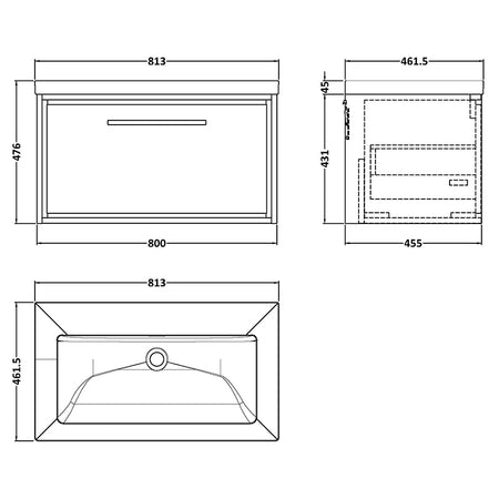 Hudson Reed Lille Wall Hung Single Drawer 800mm Vanity with Fireclay Basin (1 size, 3 colours) - Brand New Bathrooms