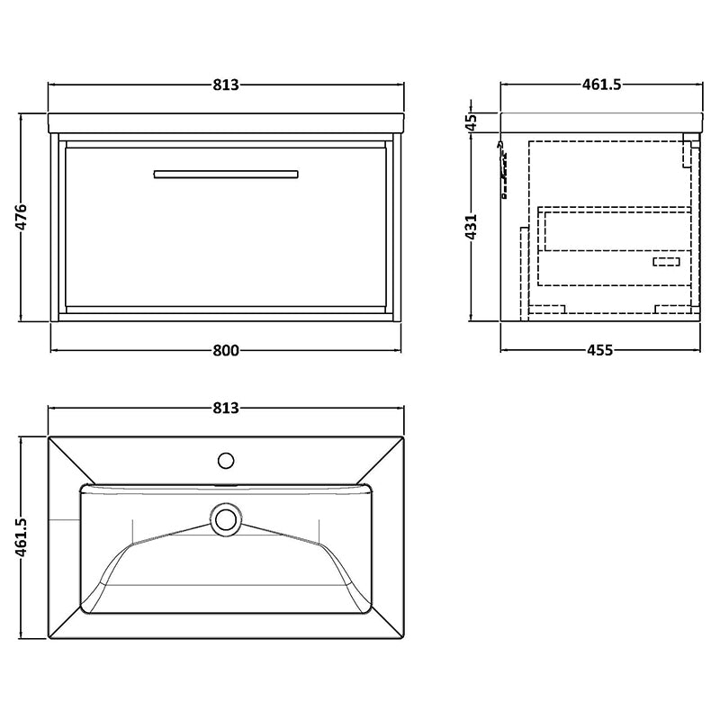 Hudson Reed Lille Wall Hung Single Drawer 800mm Vanity with 1 tap hole Fireclay Basin (1 size, 3 colours) - Brand New Bathrooms