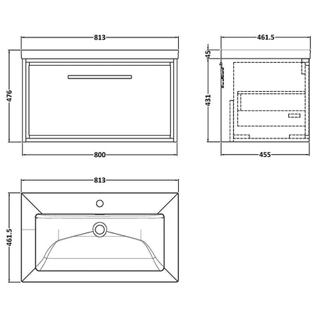 Hudson Reed Lille Wall Hung Single Drawer 800mm Vanity with 1 tap hole Fireclay Basin (1 size, 3 colours) - Brand New Bathrooms