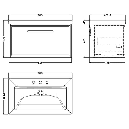 Hudson Reed Lille Wall Hung Single Drawer Vanity with 3 tap hole Fireclay Basin (1 size, 3 colours) - Brand New Bathrooms