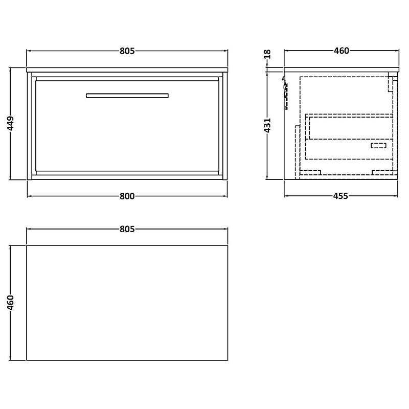 Hudson Reed Lille Wall Hung Single Drawer 800mm Vanity with Matching Worktop (1 size, 3 colours) - Brand New Bathrooms