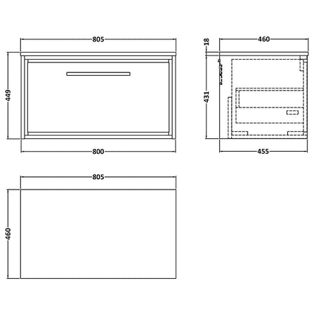 Hudson Reed Lille Wall Hung Single Drawer 800mm Vanity with Matching Worktop (1 size, 3 colours) - Brand New Bathrooms