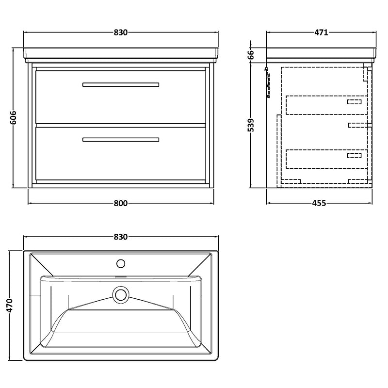 Hudson Reed Lille Wall Hung Double Drawer 800mm Vanity with 1 tap hole Fireclay Basin (1 size, 3 colours) - Brand New Bathrooms